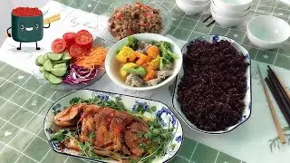 Spicy fried fish, vegetable soup, lemongrass pork stir-fry, and rainbow salad for cozy lunch | Vani.