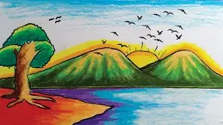 Beautiful Mountain Landscape Drawing with River || Step by Step