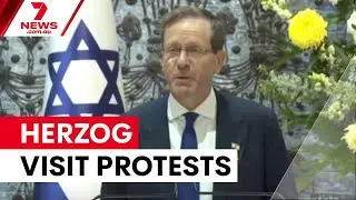 Israeli president's visit sparks mass protests | 7NEWS
