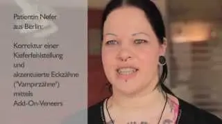 Vampirzähne oder akzentuierte Eckzähne durch Add-On-Veneers - Patientin Niliusklinik Dortmund