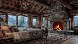 🏠 Rustic Timber Beam Bedroom | Crackling Stone Hearth & Snow View | Stress Relief