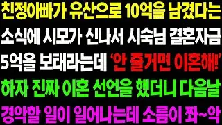 실화사연 친정 아빠가 유산으로 10억을 남겼다는 소식에 시모가 신나 시숙님 결혼 자금 5억 원 보태라며 개소리를 하는데  ⧸ 사이다 사연,  감동사연, 톡톡사연