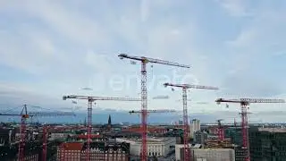 Cityscape Aerial Shot and Industrial Cranes in the Center of Copenhagen, Denmark | Stock Footage...
