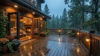 Heavy Rain Sounds with Distant Thunder in a Forrest Cabin Deck  | Focus & Sleep