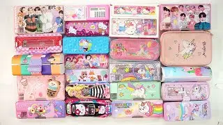 unicorn pink stationery collection 😁 geometry,hello kitty,pencil box,sharpener,eraser,pouch