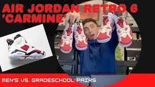AIR JORDAN 6 RETRO 'CARMINE' 2021 PAIR / GRADE SCHOOL vs. MEN'S COMPARISON JORDAN 6 CARMINE RELEASE