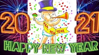 Happy New Year to All.Welcome 2021 Drawing.Bye 2020.New Year Drawing.New year Kid