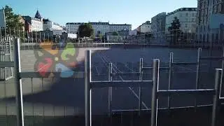 Israels plads, summer morning, basketball field fly through, forward and asending, Copenhagen Denmar