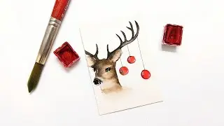 Beautiful DIY Christmas cards step by step » Watercolor deer with ornaments painting tutorial EASY