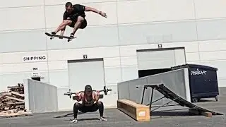 Skateboarder Jumps Over Fitness Model