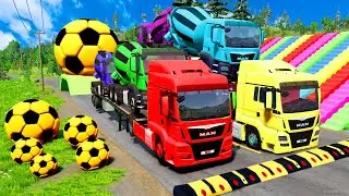 Flatbed Trailer McQueen Transportation with Truck - Speedbumps vs Cars vs Train - BeamNG.Drive #218