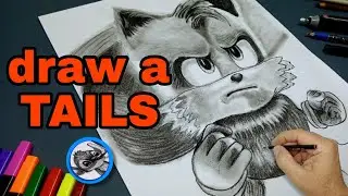 Draw a realistic black pen drawing: Tails From Sonic The Hedgehog drawing tutorial