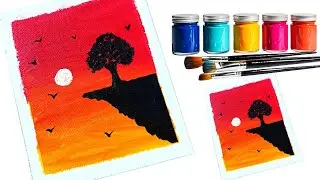 Create Stunning Sunset Art With Acrylics / How To Paint Sunset With Tree Silhouette 