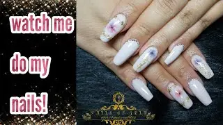 Watch me do my nails: Flowery nude acrylic nails (gold foils & blings)