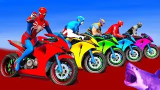 سبايدر مان اصعب دراجة نارية فوق اسماك القرش - Superheroes Ride on Motorcycle Stunt Funny Moments??