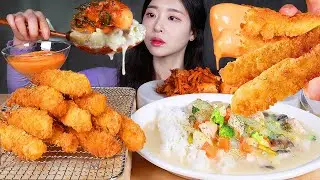 ASMR MUKBANG | Японский рис со сливками и жареные креветки 🍤 Кимчи