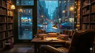 Rainy Jazz Bookstore Ambience 🌧️ | Cozy Rain Sounds & Relaxing Jazz Piano | Focus & Study Music