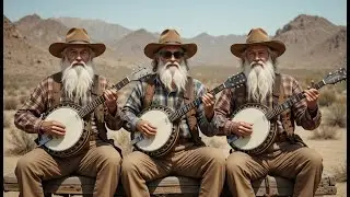 Echoes of Tradition: Three Banjo Players Creating Folk Harmony Across the Desert Landscape