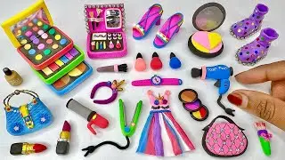 DIY How To Make Polymer Clay Miniature Makeup Set with Pink dress, Shoes, Eyeshadow, Bag |Makeup Kit