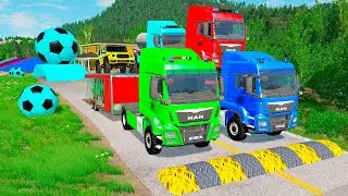 Triple Flatbed Trailer McQueen Transportation with Truck - Speedbumps vs Cars vs Train - BeamNG #82