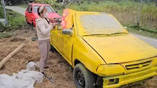 Girl repairs and renews paint color for convertible cars.