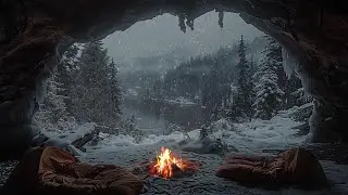 Winter Cave Ambience 😴 Snowstorm, Howling Wind and Fireplace Sounds for Sleeping, Reduce Stress