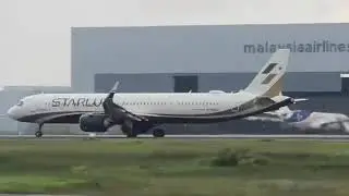 Starlux Airlines aircraft taking off from KLIA Terminal 1, Kuala Lumpur, Malaysia.