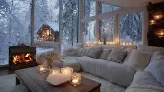 🎹 Piano in White Lounge | 3 Hours Fireplace Glow Candles & Snow Outside | Relax Study Work Calm