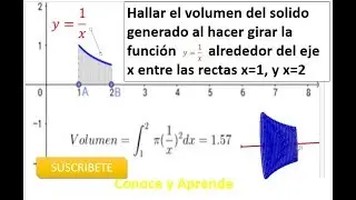 ✅Hallar el volumen  del solido generado al hacer girar la funcion y = 1/x, metodo de discos