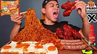 Lebaran MUKBANG 7 SAMYANG CURRY + FRIED CHICKEN SAOS SAMYANG + 5 TELUR DAN SOSIS!!