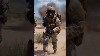 Labrador in military gear advances through desert explosions.#Labrador #MilitaryDog #DesertBattle