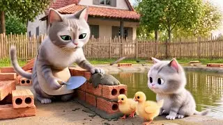 Mama Cat with baby cat and Puppy constructing stairs l village life l simple happy family.
