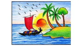 Easy Sunset Scenery Drawing for Beginners | Boat, Sea & Palm Tree Art