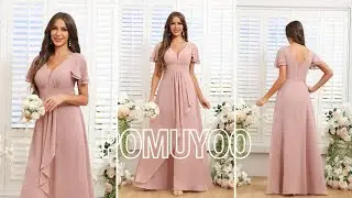 POMUYOO | Trendy V-Neck Short Sleeves Floor Length Chiffon Bridesmaid Dresses