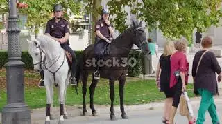 Police Horses And Van In Madrid, Spain