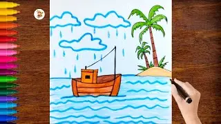 🌧️⛵ Easy Boat and Island Drawing | Step by Step Rainy Scene Drawing for Beginners