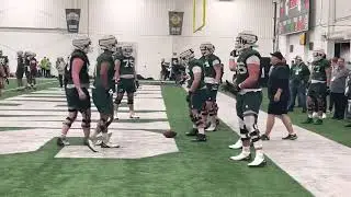 Michigan State&rsquo;s offensive line coach and run game coordinator Chris Kapilovic coaching up his group