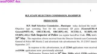 HPSSC ] Sub Inspector Police ] Result Declared ] 2018