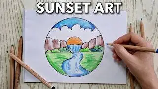 Beautiful Nature Drawing | Sunset Landscape with River and Mountains