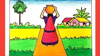 How to Draw A Village Scenery Easy || Village Scenery Drawing 