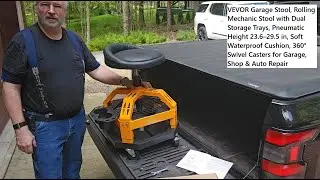 VEVOR Garage Stool, Rolling Mechanic Stool with Dual Storage Trays, Pneumatic Height
