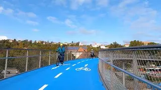 Fahrt &uuml;ber die Radbr&uuml;cke West (Ann Arbor Bridge) T&Uuml; - vom Regierungspr&auml;sidium zur Fahrradtiefgarage
