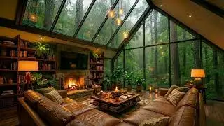 Cozy Forest Cabin with Glass Roof | Heavy Rain & Jazz Piano | Living Room Fireplace Ambience