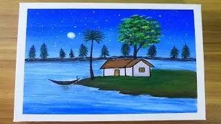 Village night scenery drawing | Beautiful village scenery |Moonlight night painting tutorial