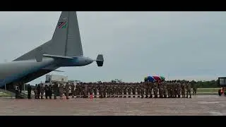 FAREWELL… Members of the Namibian Defence Force (NDF) are currently loading the casket of the late