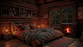 Cozy Cabin Bedroom with Fireplace | Crackling Fire & Night Ambience for Sleep