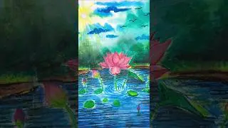 Beautiful Lotus Pond Drawing | Oil Pastel Scenery Art for Beginners