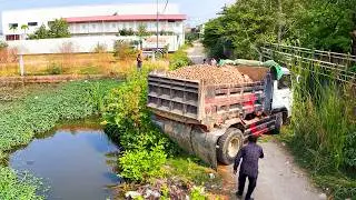 amazing landfill fill build house project ! truck transport soil , bulldozer push soil to water