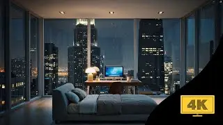 Night Rain Over the City 4K | Cozy Room, Warm Lights & Relaxing Atmosphere