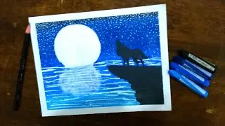 Haw To Draw Scenry Of Moonlight Wolf With Oil Pastel || Muavia's Art